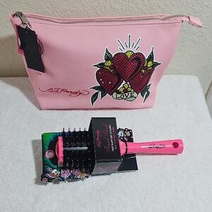 New Ed Hardy Bundle Pink Hair Brush and Large Cosmetic Case Roses Bling 12"x7"